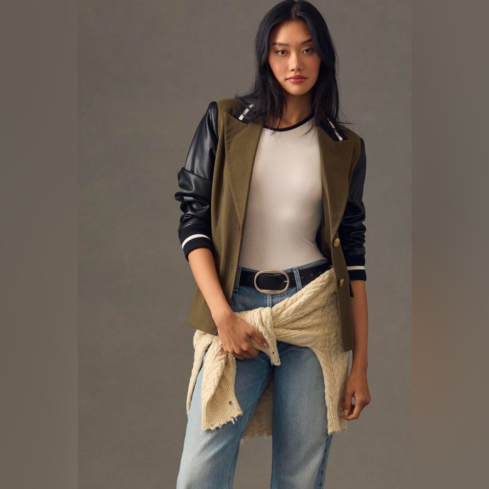 Avec Les Filles Mixed Fabric Varsity Blazer- Anthropologie